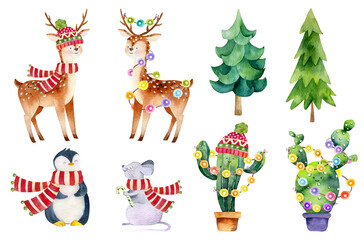 Watercolor winter animal illustration. Reindeer and penguin graphics. Christmas Village graphics with snowflakes, Christmas decor, fur tree Christmas deer, mouse, penguin clipart. Holiday graphics