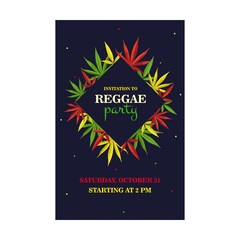 Party invitation design with natural ganja. Trendy big holiday invitations with text. Celebration and legal drug concept. Template for leaflet, banner or flyer