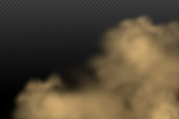 A cloud of brown dust and sand with particles of flying dry sand and dirt.Trace on a dusty road or highway from a car.Clubs of dark smoke.Realistic illustration on a transparent background.