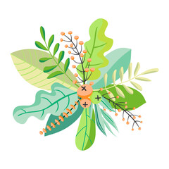 A bouquet of green herbs, leaves, wildflowers and berries. Vector illustration with different plants, flowers and branches.