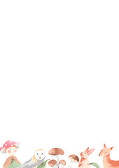 Woodland forest animals template card set with greenery watercolor mushrooms, animals, leave and branch, bear, fox, owl and mouse