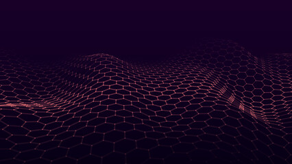 Abstract futuristic hexagon wave with moving dots and lines. Flow of particles. Vector cyber technology illustration.