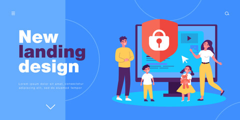 Internet filter to control social media content for kids. Tiny man, woman and children standing near PC lock screen flat vector illustration. Ban concept for banner, website design or landing web page