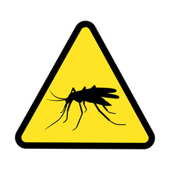 Mosquito on a yellow triangular sign, attention to the danger of blood-sucking parasites that are carriers of malaria.