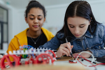 High school students building and programming electric toys and robots at robotics classroom - obrazy, fototapety, plakaty