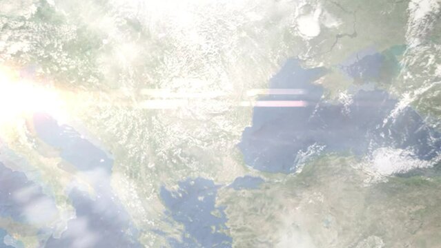 Earth zoom in from outer space to city. Zooming on Razgrad, Bulgaria. The animation continues by zoom out through clouds and atmosphere into space. Images from NASA
