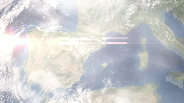 Earth zoom in from outer space to city. Zooming on Reus, Spain. The animation continues by zoom out through clouds and atmosphere into space. Images from NASA