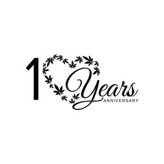 10th anniversary logo with marijuana leaves  isolated on white background, vector design for greeting card and invitation card