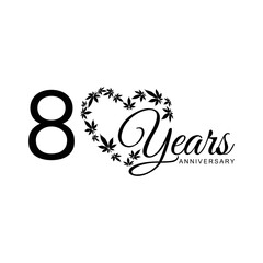 80th anniversary logo with marijuana leaves  isolated on white background, vector design for greeting card and invitation card