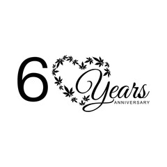 60th anniversary logo with marijuana leaves  isolated on white background, vector design for greeting card and invitation card