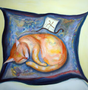 red cat sleeping on a pillow in the style of Marc Chagall, ai generated