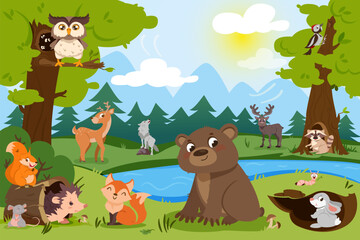 Fototapeta na wymiar Cartoon forest animals in wild nature. Natural landscape with lake, cute bear, squirrel, fox, wildlife wolf and deer. Hare hole, woodpecker hollow and birds on trees. Woodland burrow with hedgehog.