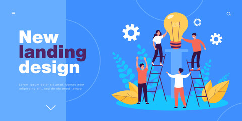 Teamwork of tiny people with insight idea. Brainstorm of male and female employees with light bulb flat vector illustration. Innovation, success concept for banner, website design or landing web page