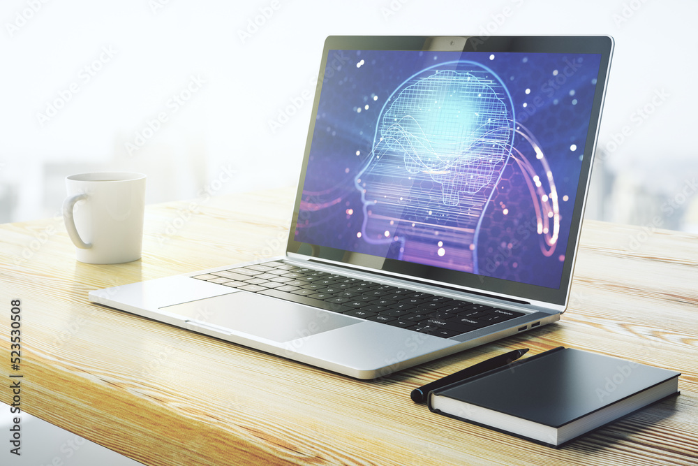 Poster modern computer monitor with creative artificial intelligence symbol. neural networks and machine le