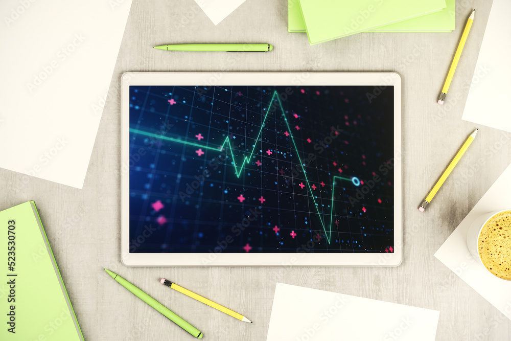 Poster Creative abstract heart pulse hologram on modern digital tablet display, online medical consulting concept. Top view. 3D Rendering