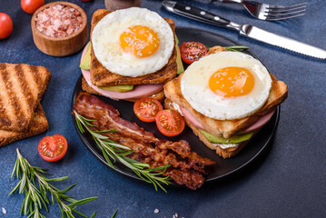 Fresh, delicious sandwiches with fried egg, ham, butter, avocado and sesame seeds