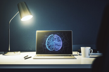 Modern computer monitor with creative artificial Intelligence symbol. Neural networks and machine...
