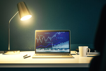 Modern computer display with abstract financial graph, financial and trading concept. 3D Rendering