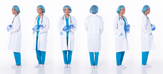 Full length Professional physician Doctor stand in hospital uniform with stethoscope to check health medical care. Woman Practitioner wear coat confident in clinic, turn 360 front side rear back view