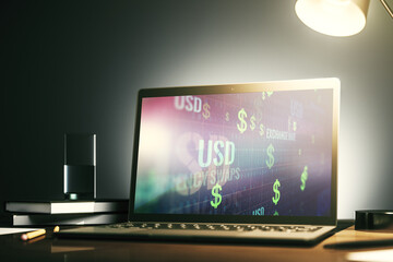 Modern computer monitor with creative USD symbols hologram. Banking and investing concept. 3D Rendering