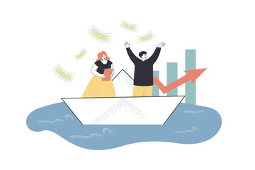 Rich business people sailing on paper boat. Money falling on ship with tiny happy man and woman flat vector illustration. Finance, investment concept for banner, website design or landing web page