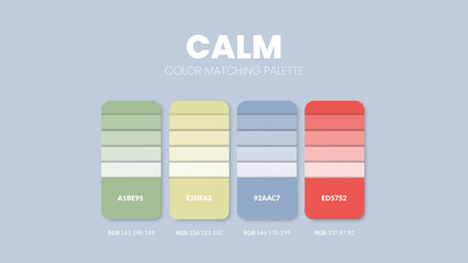 Calm color guide book cards samples. Color theme palettes or color schemes collection. Colour combinations in RGB or HEX. Set of trend color swatch cataloque inspiration for fashion or design.