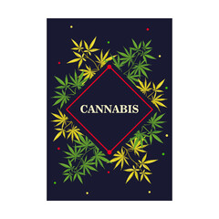 Advertising leaflet designs with marihuana plant. Brochure with cannabis leaves on dark background. Naturalness and legal drug concept. Template for promotional posters or flyer