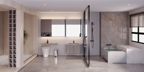 3d rendering,3d illustration, Interior Scene and  Mockup,bathroom and garden view 3d render.