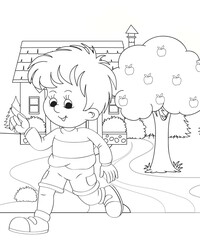 cute little fairy coloring Page Outline hand-painted in cartoon style Of little boy with mountains and landscape