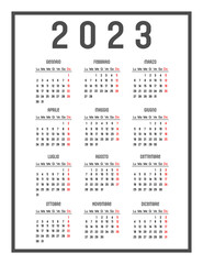 Calendar of 2023 in italiano. The days of the week are at the top, week start Monday. Vector illustration