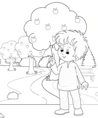 cute little fairy coloring Page Outline hand-painted in cartoon style Of little boy with mountains and landscape
