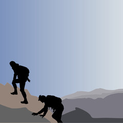 Hiking couple ascend mountain ridge and enjoying outdoors activity in silhouette illustration