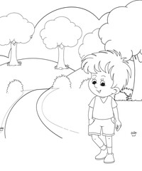cute little fairy coloring Page Outline hand-painted in cartoon style Of little boy with mountains and landscape