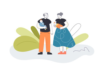 Grandpa and grandma holding newborn grandchildren. Love of happy old man and woman to children flat vector illustration. Family, grandparents concept for banner, website design or landing web page
