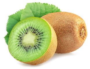 Kiwi fruit, kiwi slice and leaves isolated on white background.