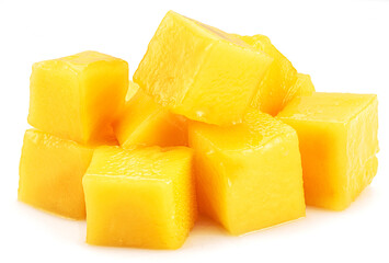 Juicy mango cubes isolated on white background.