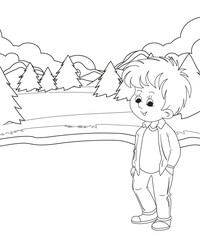 cute little fairy coloring Page Outline hand-painted in cartoon style Of little boy with mountains and landscape