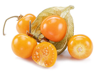 Ripe physalis or golden berry fruits in calyx isolated on white background.