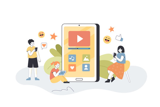 Kids using mobile apps in tablet and phones. Tiny boy and girls playing near big smartphone flat vector illustration. Education, game technology concept for banner, website design or landing web page