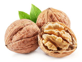 Walnuts, walnut kernel and green leaves isolated on white background.