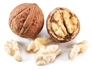 Walnuts and walnut kernel isolated on white background.