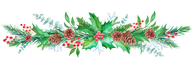 松毬、もみの枝、西洋柊などのクリスマス装飾の水彩イラスト。横長。（透過背景）
 - obrazy, fototapety, plakaty