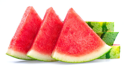 Three slices of watermelon without watermelon seeds isolated on white background.
