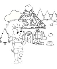 cute little fairy coloring Page Outline hand-painted in cartoon style Of little boy with mountains and landscape