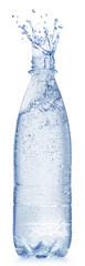 Plastic bottle of chilled water and water splash crown on top. File contains clipping path.