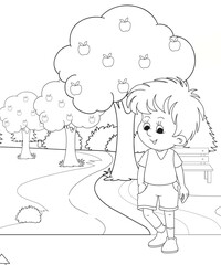 cute little fairy coloring Page Outline hand-painted in cartoon style Of little boy with mountains and landscape