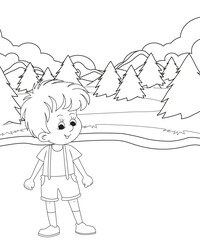 cute little fairy coloring Page Outline hand-painted in cartoon style Of little boy with mountains and landscape