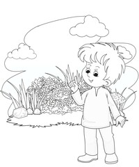 cute little fairy coloring Page Outline hand-painted in cartoon style Of little boy with mountains and landscape