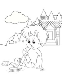 cute little fairy coloring Page Outline hand-painted in cartoon style Of little boy with mountains and landscape