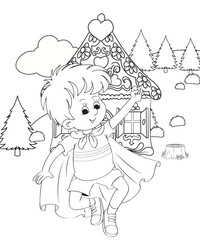 Fototapeta premium cute little fairy coloring Page Outline hand-painted in cartoon style Of little boy with mountains and landscape